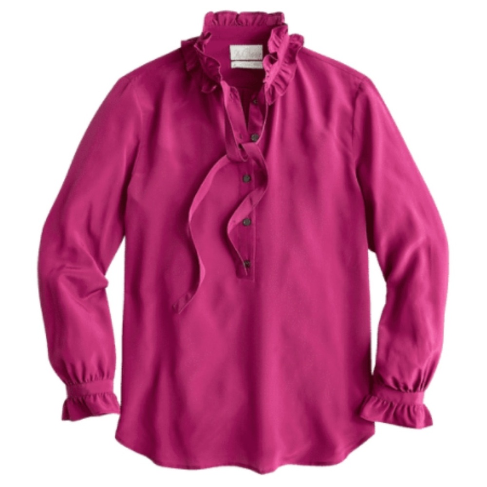 NEW J. Crew Classic-Fit Ruffle Neck Silk Popover Shirt in Pink, Size 4